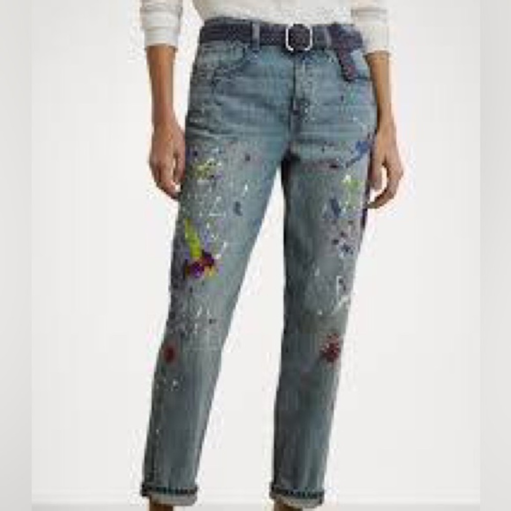Lauren Ralph Lauren Boyfriend Taper Women Paint-Splatter Blue Jeans Sz 6